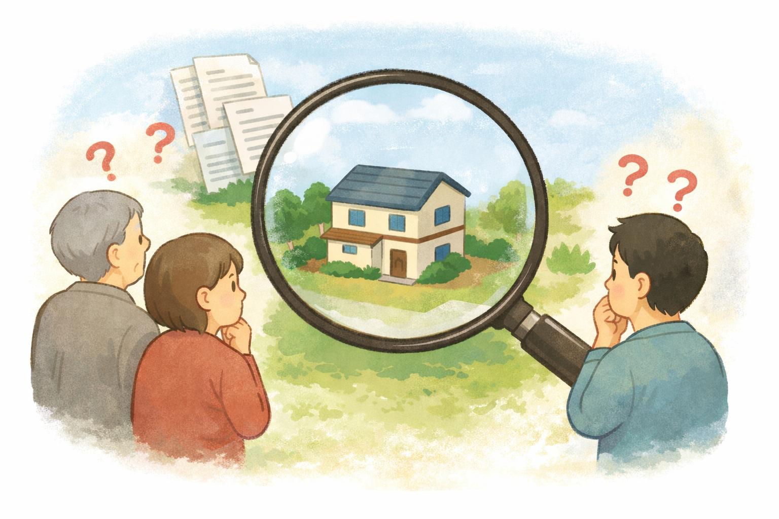 共有名義や再建築不可などで不動産が「難しい」と感じる場面をイメージした水彩風イラスト