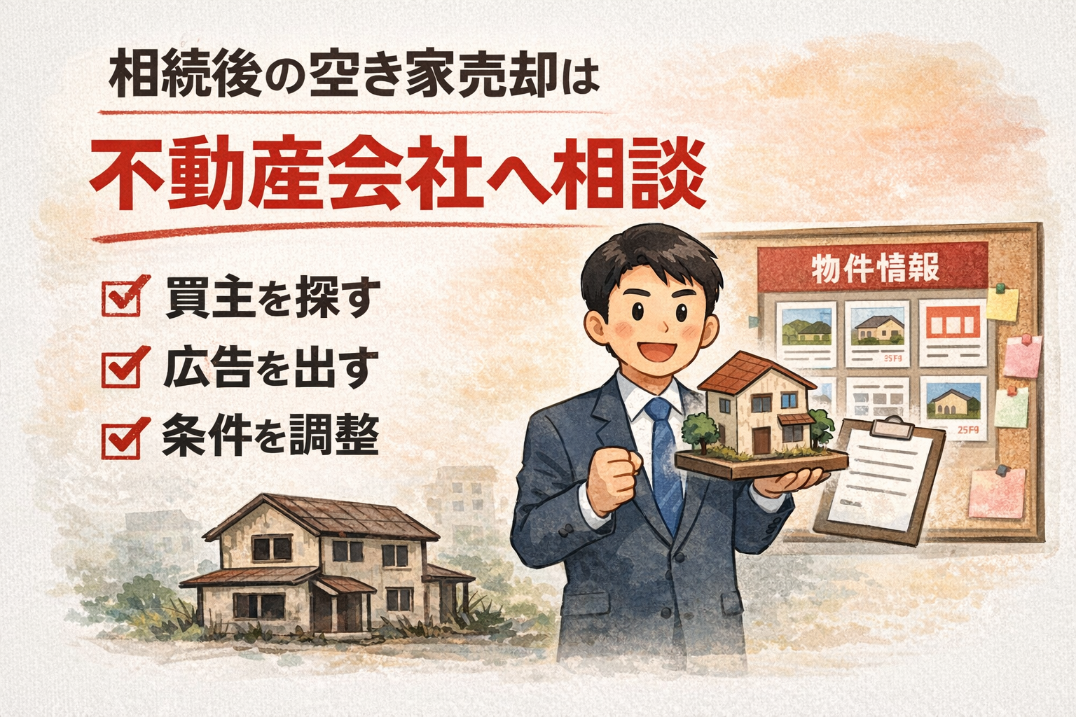 富山市で相続した空き家の売却相談を不動産会社に行う重要性を表現したイラスト。宅建業者の男性が空き家の模型を持ち、物件情報の掲示板を背景に、買主探し・広告掲載・条件調整など空き家売却の流通業務をわかりやすく示している。相続後の空き家売却や不動産相談に関するブログ記事のアイキャッチ画像。