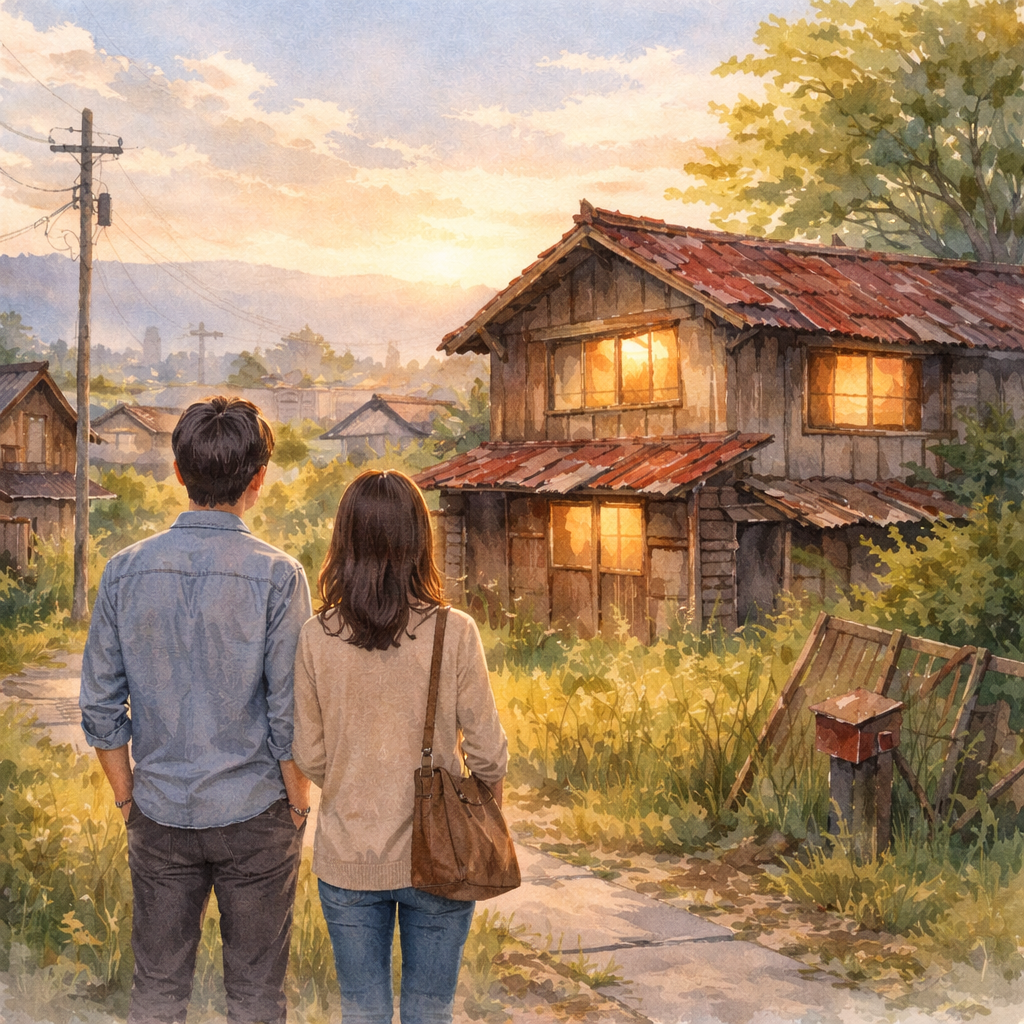 夕暮れの日本の住宅地で、古い戸建住宅を前に立ち止まり、これからどうするか考えている家族の後ろ姿のイラスト