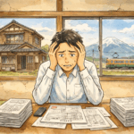 富山市で実家や空き家の売却を考え、不安を抱えている人のイメージイラスト