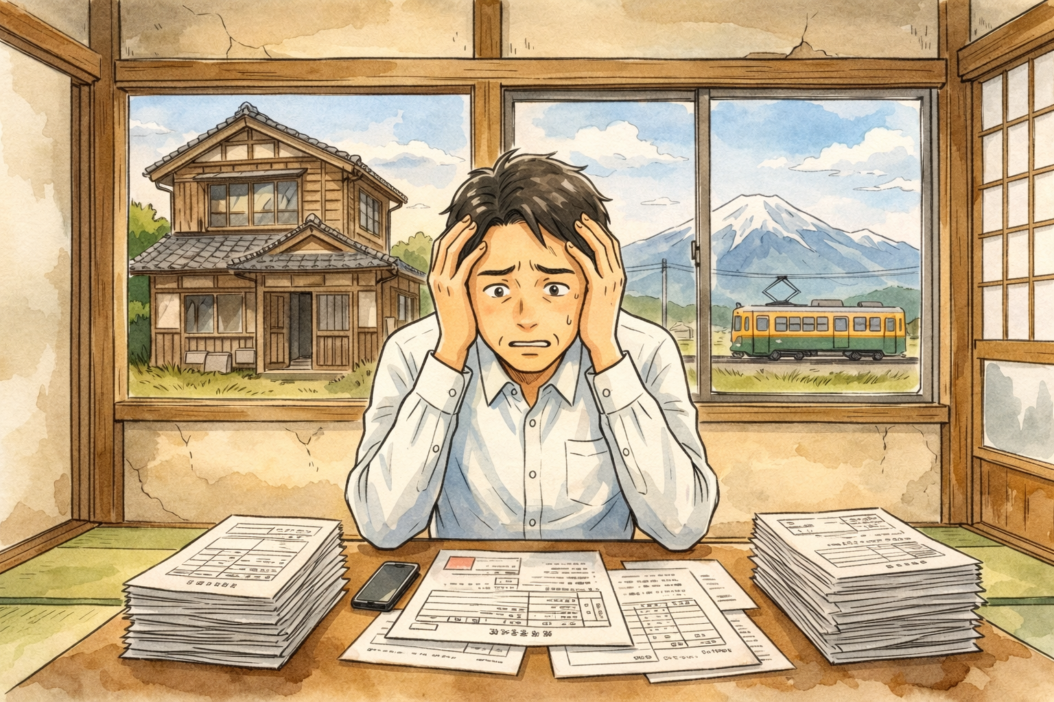 富山市で実家や空き家の売却を考え、不安を抱えている人のイメージイラスト