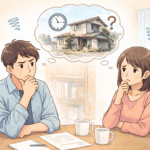 空き家の売却を相談するタイミングについて悩む夫婦と古い住宅のイメージを描いたイラスト