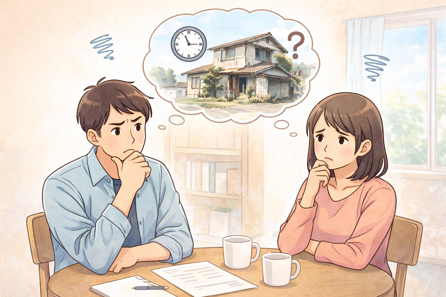 空き家の売却を相談するタイミングについて悩む夫婦と古い住宅のイメージを描いたイラスト