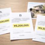 3社の不動産査定書の金額がバラバラで、売却価格に悩む様子を表したイメージ写真