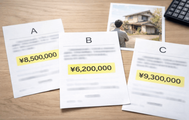 3社の不動産査定書の金額がバラバラで、売却価格に悩む様子を表したイメージ写真