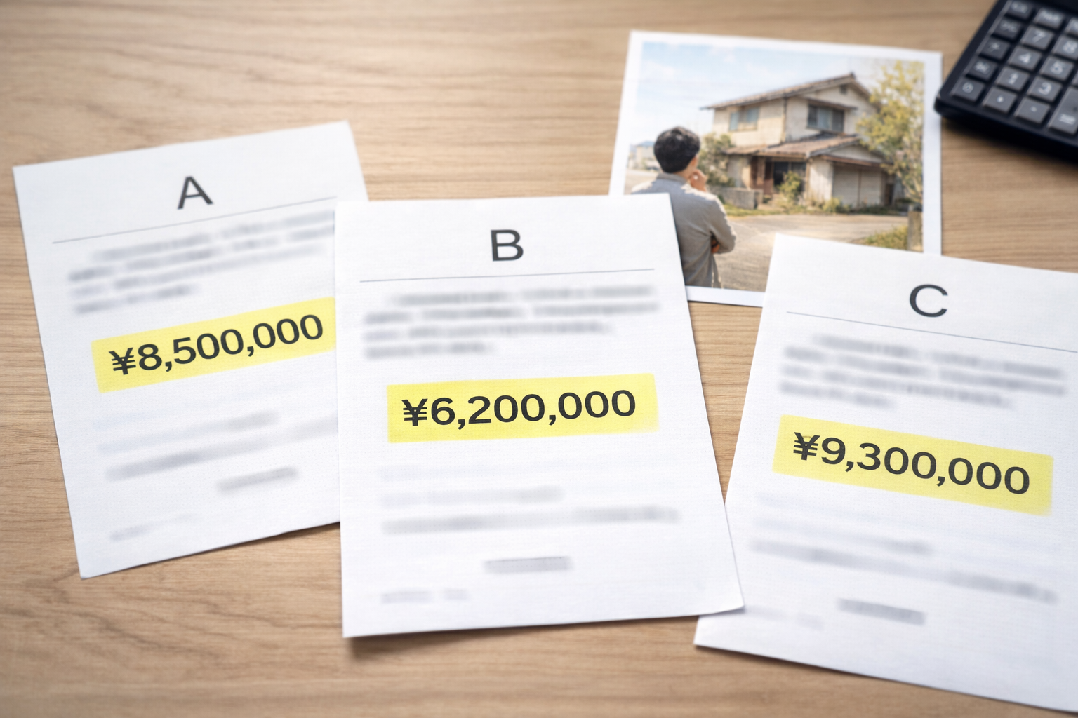 3社の不動産査定書の金額がバラバラで、売却価格に悩む様子を表したイメージ写真