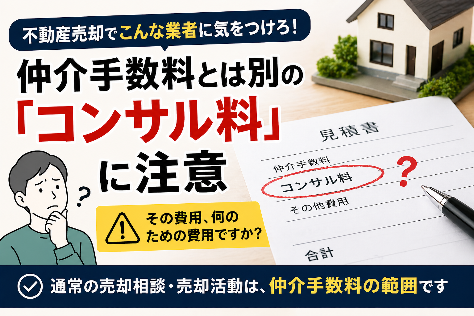 仲介手数料とは別に請求されるコンサル料への注意を促す、不動産売却向けの解説画像。見積書に記載されたコンサル料を確認しながら、その費用が何のための費用なのか、通常の売却相談や売却活動に含まれる内容ではないかを考える構成になっている。
