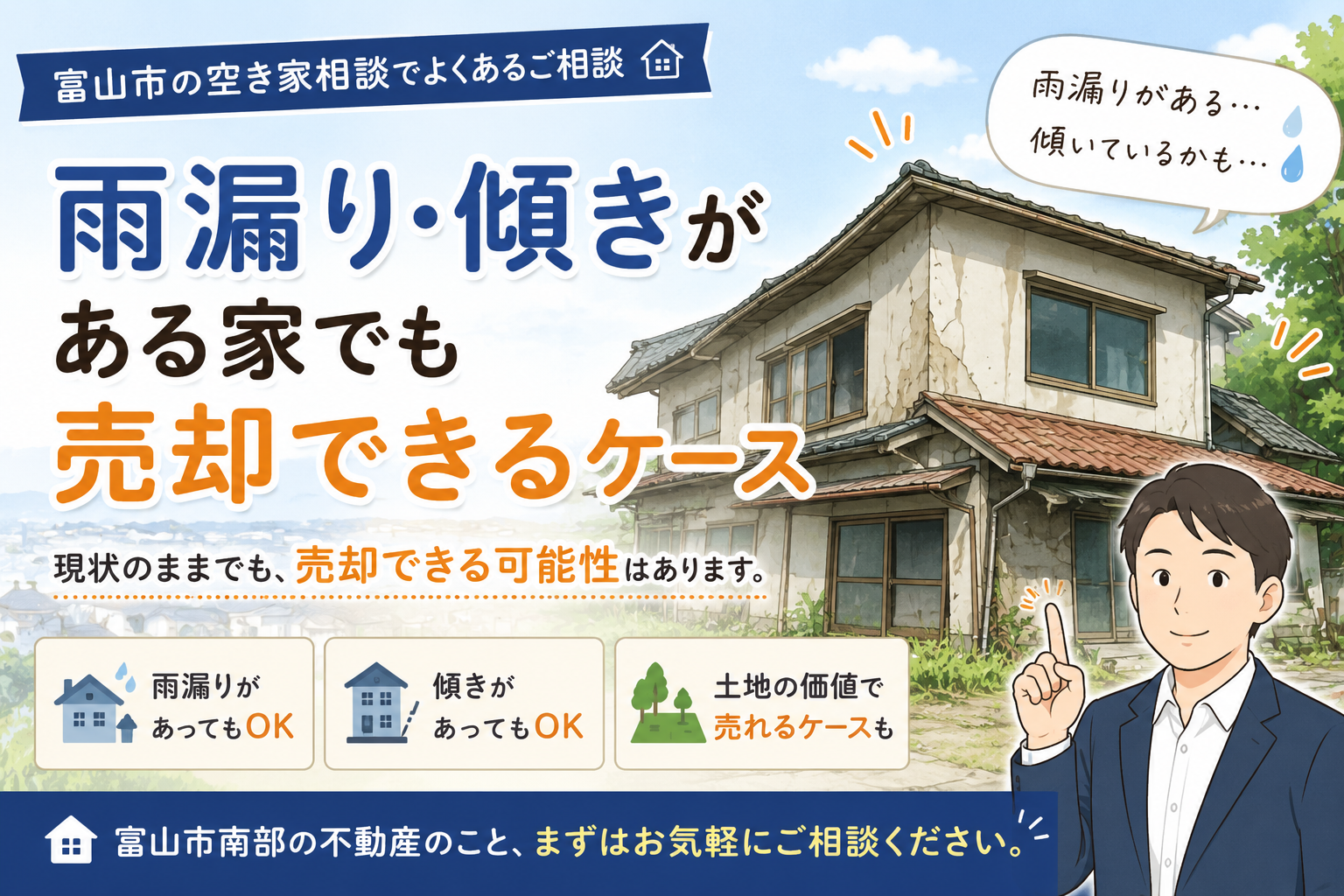 雨漏りや建物の傾きがある古い住宅を前に、不動産売却について考える様子を表したイラスト