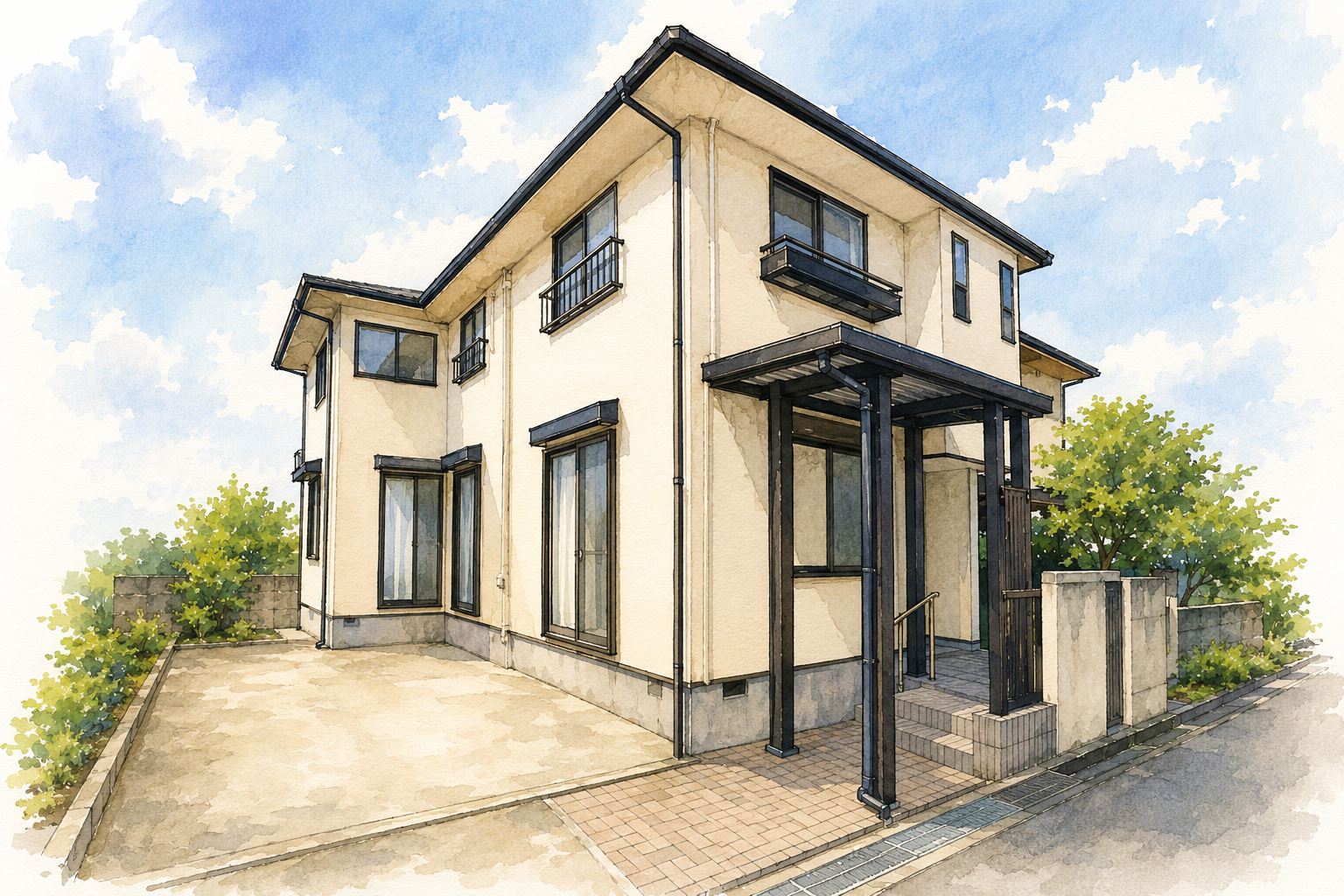 富山市下新北町の中古住宅をイラスト風に加工した外観画像