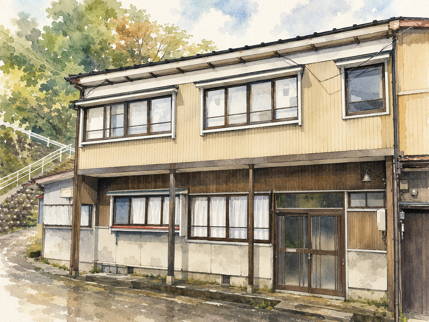 富山市八尾町東新町の長屋をイラスト風に加工した外観画像