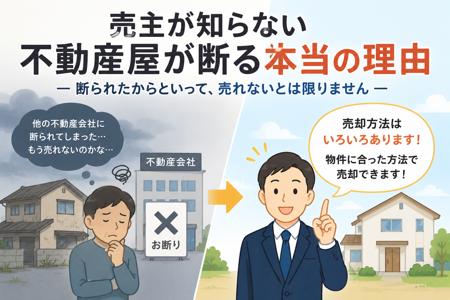 不動産会社に売却を断られた売主と、別の売却方法を提案する不動産会社を対比したイメージイラスト